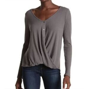 White Willow Long Sleeve Textured Button Front Drape Top In Dark Grey Medium $78